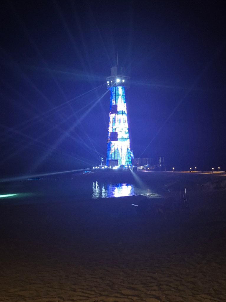 View of lighthouse at night